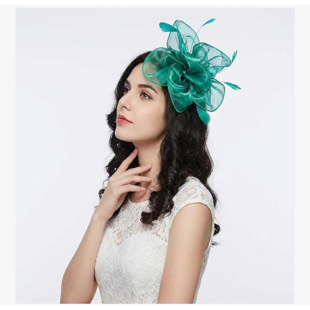 Tea Party Headwear Ribbons Feathers on a Headband & a Clip, Green